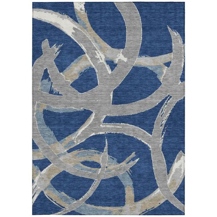 5' X 8' Navy Blue Gray And Ivory Abstract Washable Indoor Outdoor Area Rug