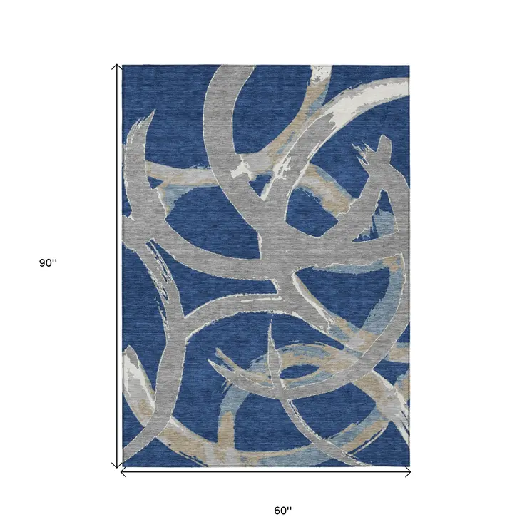 5' X 8' Navy Blue Gray And Ivory Abstract Washable Indoor Outdoor Area Rug
