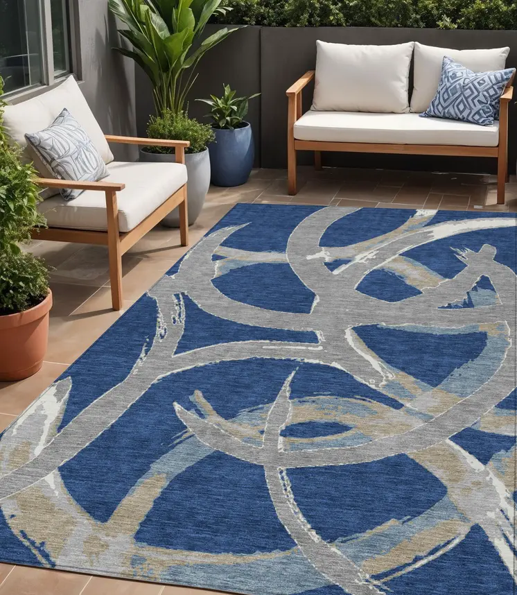 5' X 8' Navy Blue Gray And Ivory Abstract Washable Indoor Outdoor Area Rug