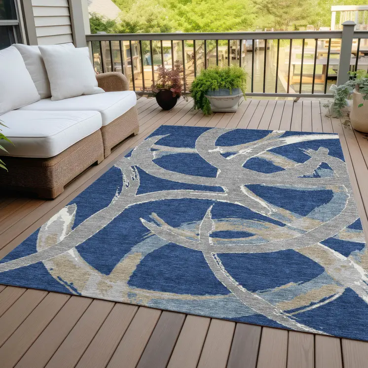 5' X 8' Navy Blue Gray And Ivory Abstract Washable Indoor Outdoor Area Rug