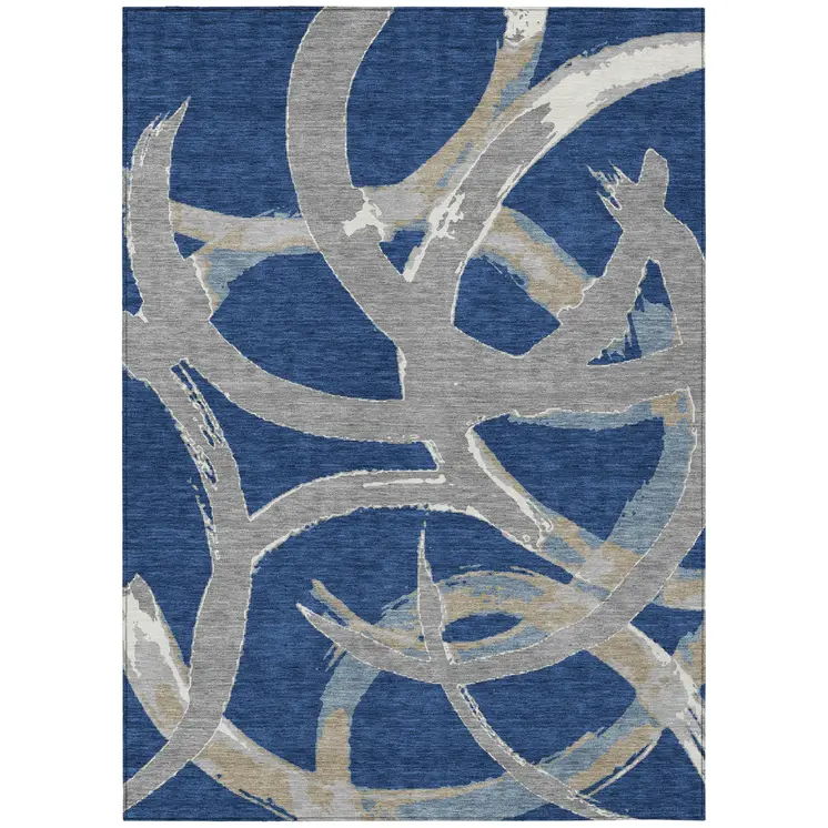 5' X 8' Navy Blue Gray And Ivory Abstract Washable Indoor Outdoor Area Rug