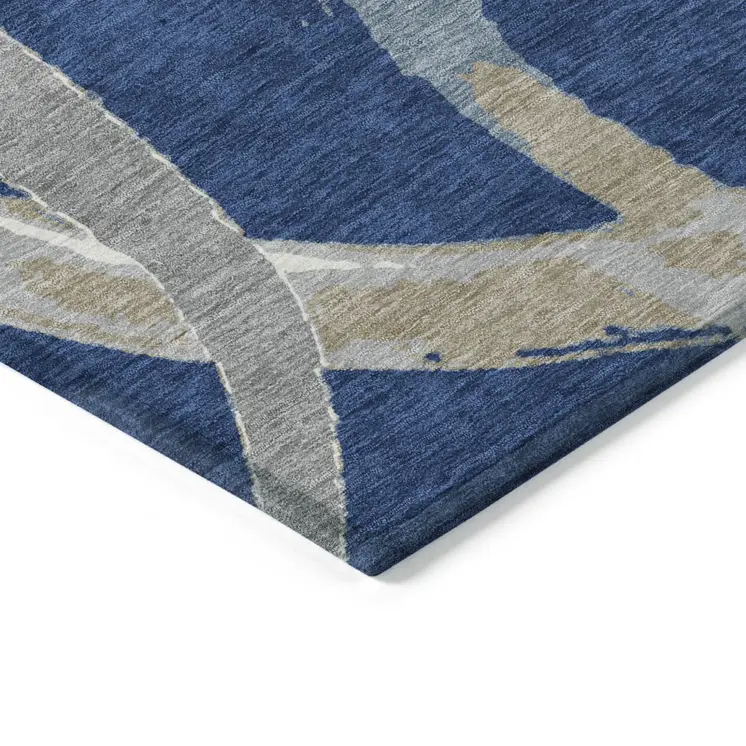 5' X 8' Navy Blue Gray And Ivory Abstract Washable Indoor Outdoor Area Rug