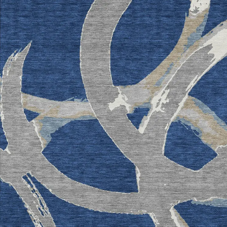 5' X 8' Navy Blue Gray And Ivory Abstract Washable Indoor Outdoor Area Rug