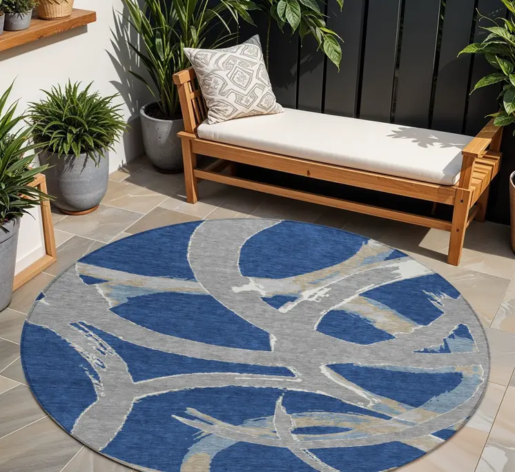 8' Navy Blue Gray And Ivory Round Abstract Washable Indoor Outdoor Area Rug