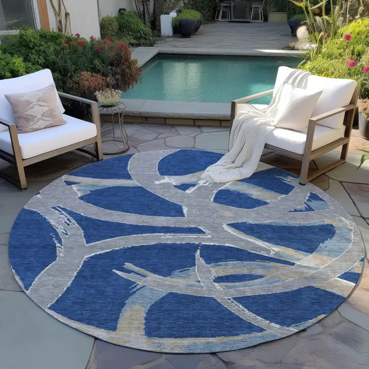 8' Navy Blue Gray And Ivory Round Abstract Washable Indoor Outdoor Area Rug