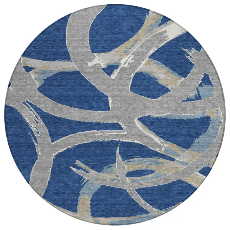 8' Navy Blue Gray And Ivory Round Abstract Washable Indoor Outdoor Area Rug
