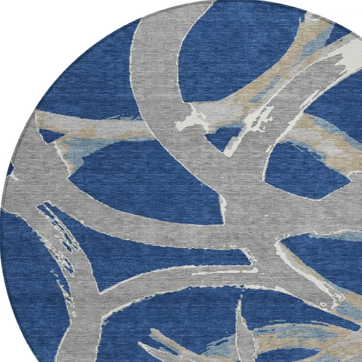 8' Navy Blue Gray And Ivory Round Abstract Washable Indoor Outdoor Area Rug