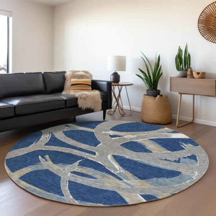8' Navy Blue Gray And Ivory Round Abstract Washable Indoor Outdoor Area Rug