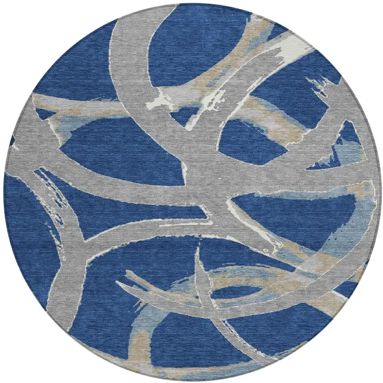 8' Navy Blue Gray And Ivory Round Abstract Washable Indoor Outdoor Area Rug