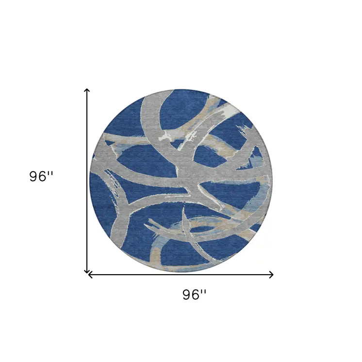 8' Navy Blue Gray And Ivory Round Abstract Washable Indoor Outdoor Area Rug