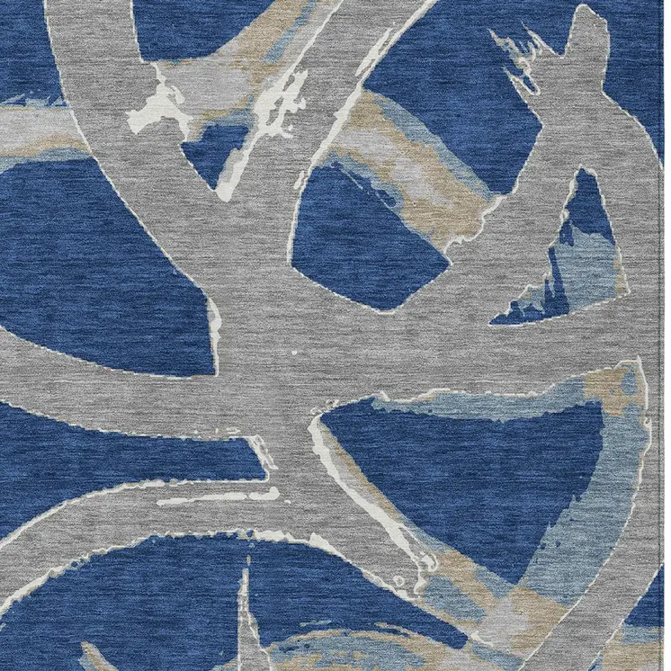 8' X 10' Navy Blue Gray And Ivory Abstract Washable Indoor Outdoor Area Rug