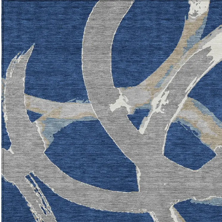 9' X 12' Navy Blue Gray And Ivory Abstract Washable Indoor Outdoor Area Rug