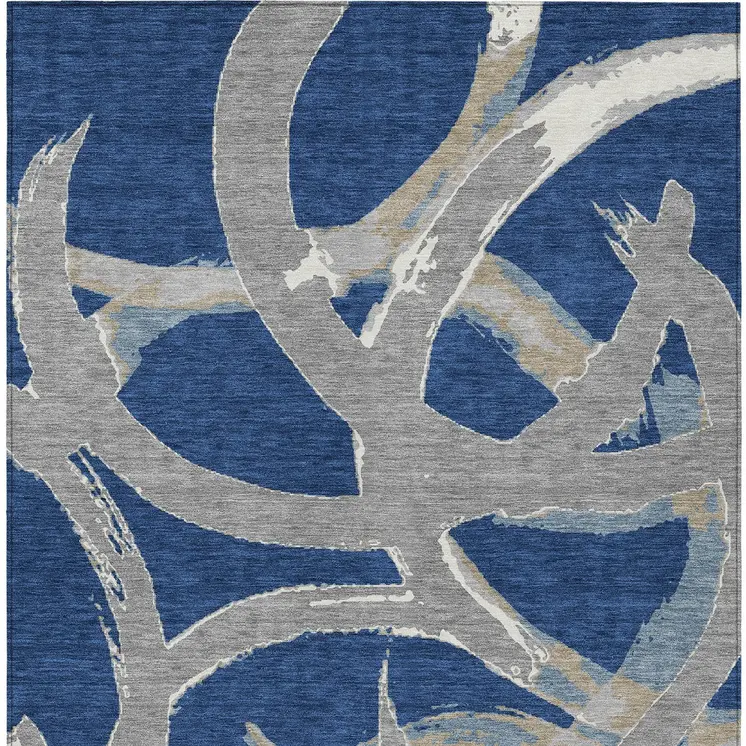 10' X 14' Navy Blue Gray And Ivory Abstract Washable Indoor Outdoor Area Rug
