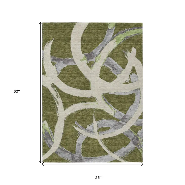 3' X 5' Olive Green Beige And Gray Abstract Washable Indoor Outdoor Area Rug
