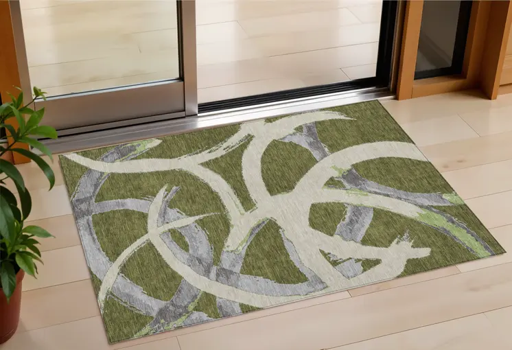 3' X 5' Olive Green Beige And Gray Abstract Washable Indoor Outdoor Area Rug