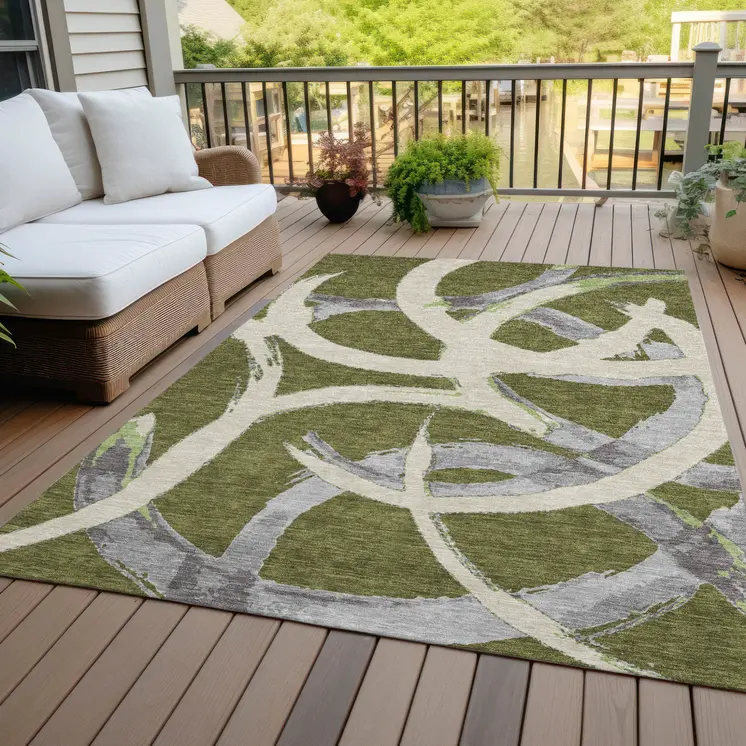 3' X 5' Olive Green Beige And Gray Abstract Washable Indoor Outdoor Area Rug