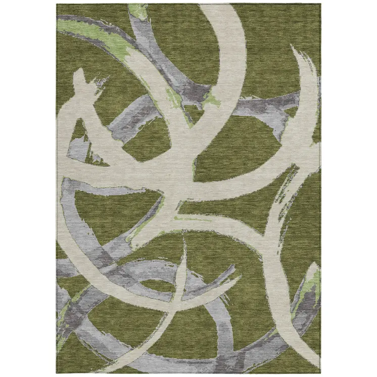 3' X 5' Olive Green Beige And Gray Abstract Washable Indoor Outdoor Area Rug