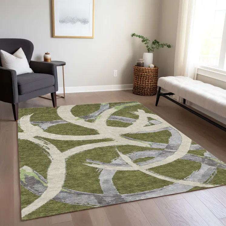 3' X 5' Olive Green Beige And Gray Abstract Washable Indoor Outdoor Area Rug