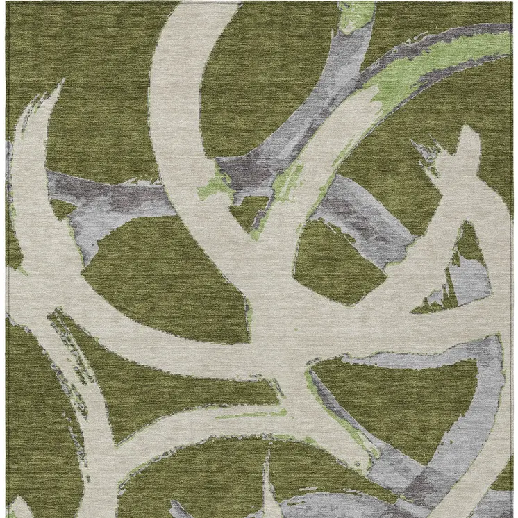 5' X 8' Olive Green Beige And Gray Abstract Washable Indoor Outdoor Area Rug