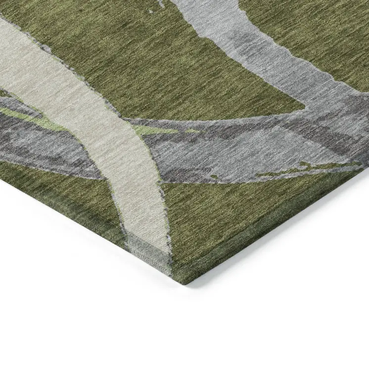 5' X 8' Olive Green Beige And Gray Abstract Washable Indoor Outdoor Area Rug