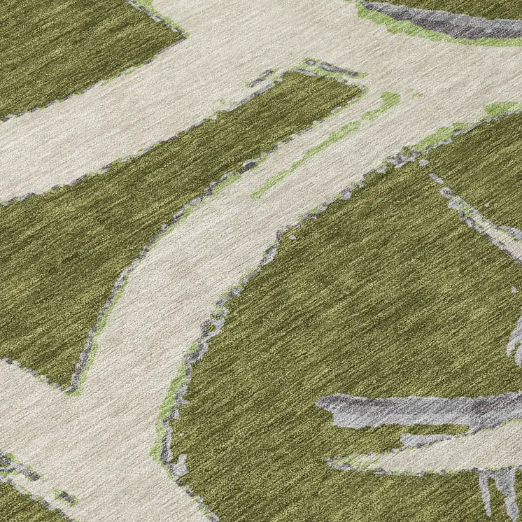5' X 8' Olive Green Beige And Gray Abstract Washable Indoor Outdoor Area Rug