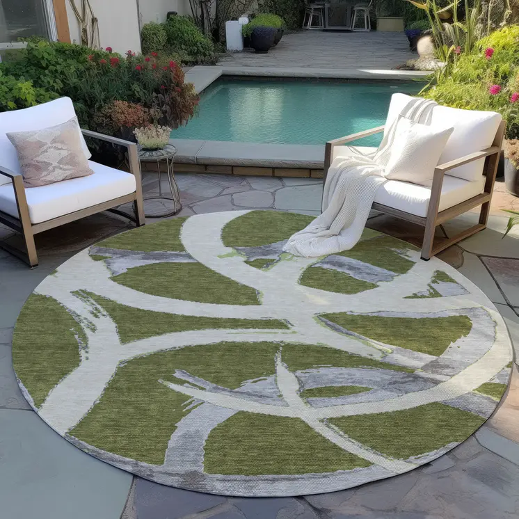8' Olive Green Beige And Gray Round Abstract Washable Indoor Outdoor Area Rug