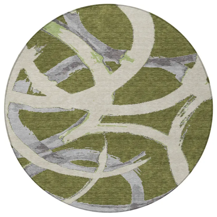 8' Olive Green Beige And Gray Round Abstract Washable Indoor Outdoor Area Rug