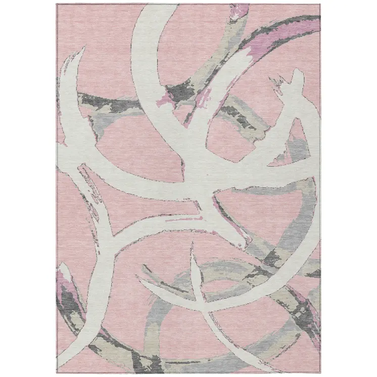 5' X 8' Pink Ivory And Gray Abstract Washable Indoor Outdoor Area Rug