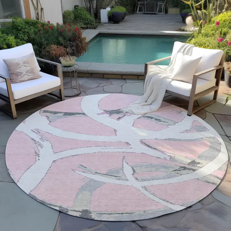 8' Pink Ivory And Gray Round Abstract Washable Indoor Outdoor Area Rug