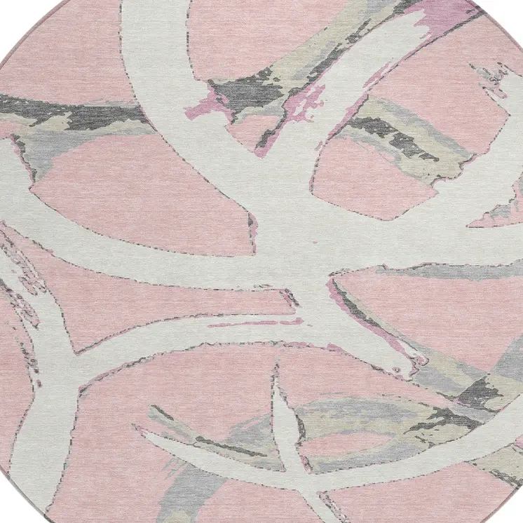 8' Pink Ivory And Gray Round Abstract Washable Indoor Outdoor Area Rug