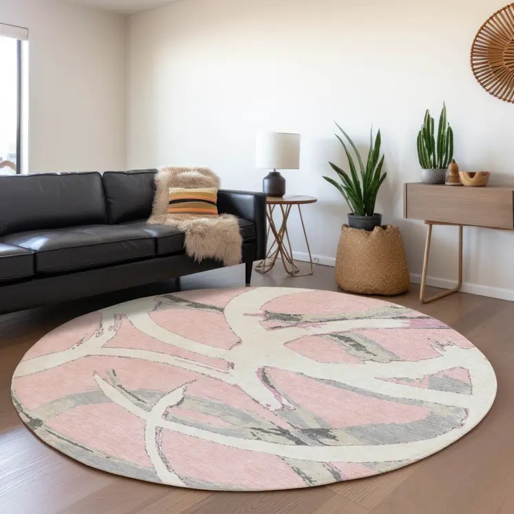 8' Pink Ivory And Gray Round Abstract Washable Indoor Outdoor Area Rug