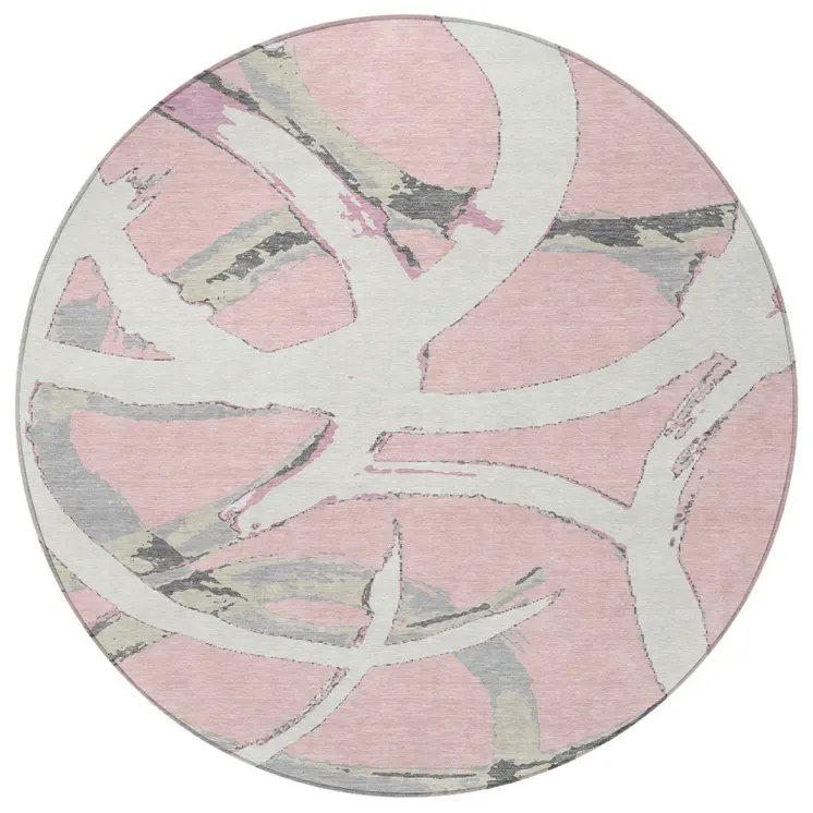 8' Pink Ivory And Gray Round Abstract Washable Indoor Outdoor Area Rug