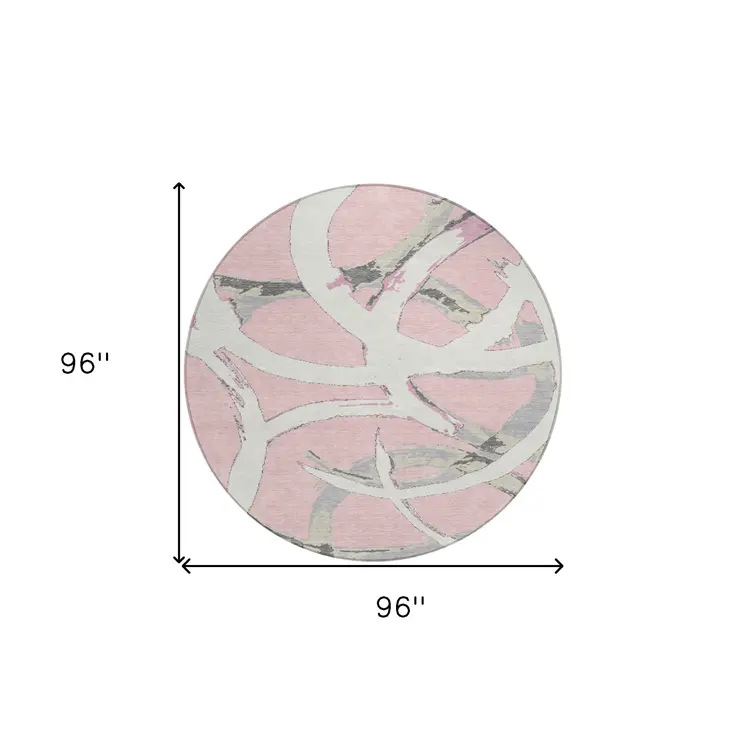 8' Pink Ivory And Gray Round Abstract Washable Indoor Outdoor Area Rug