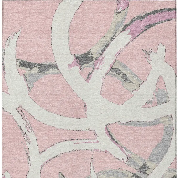 8' X 10' Pink Ivory And Gray Abstract Washable Indoor Outdoor Area Rug
