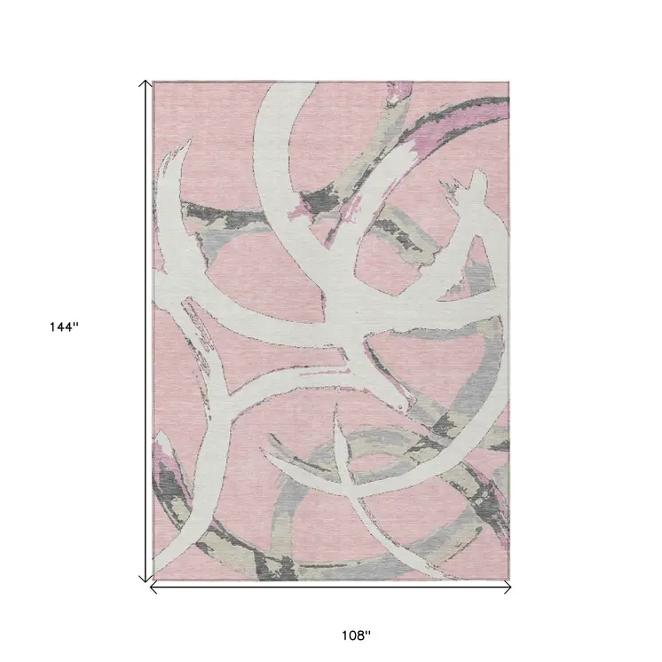9' X 12' Pink Ivory And Gray Abstract Washable Indoor Outdoor Area Rug