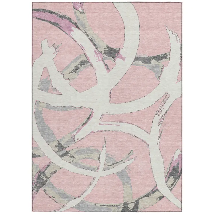 9' X 12' Pink Ivory And Gray Abstract Washable Indoor Outdoor Area Rug
