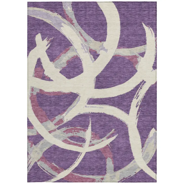 3' X 5' Purple Ivory And Gray Abstract Washable Indoor Outdoor Area Rug