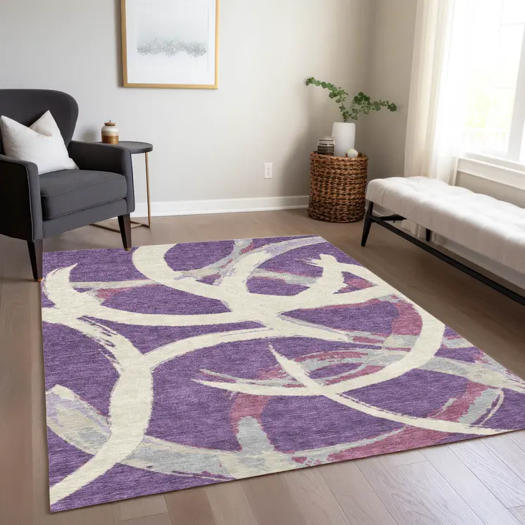 3' X 5' Purple Ivory And Gray Abstract Washable Indoor Outdoor Area Rug