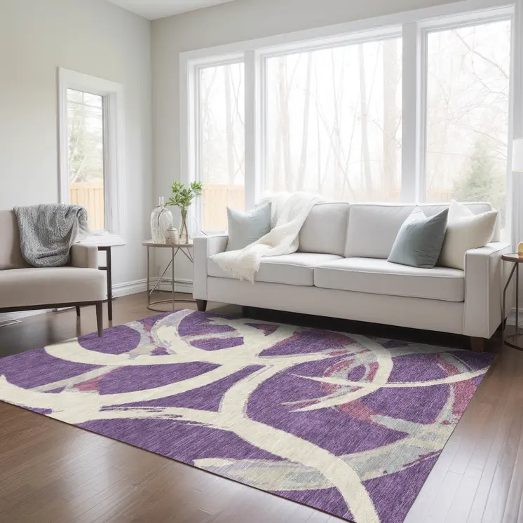 3' X 5' Purple Ivory And Gray Abstract Washable Indoor Outdoor Area Rug