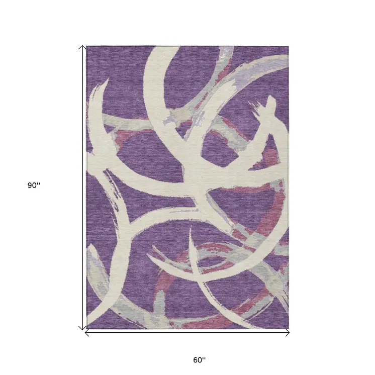 5' X 8' Purple Ivory And Gray Abstract Washable Indoor Outdoor Area Rug