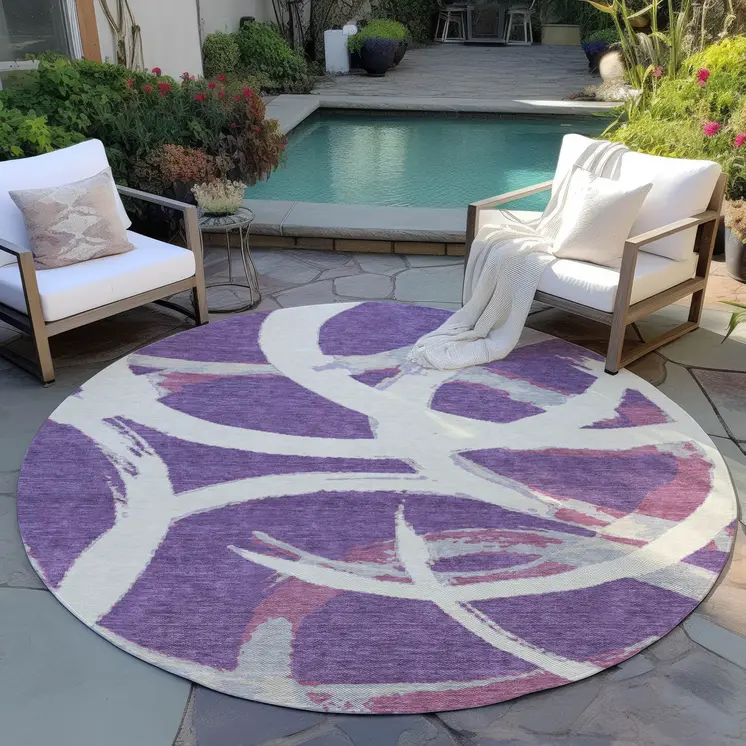 8' Purple Ivory And Gray Round Abstract Washable Indoor Outdoor Area Rug