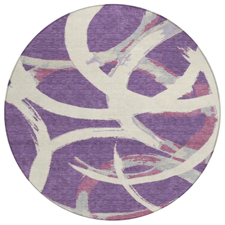 8' Purple Ivory And Gray Round Abstract Washable Indoor Outdoor Area Rug
