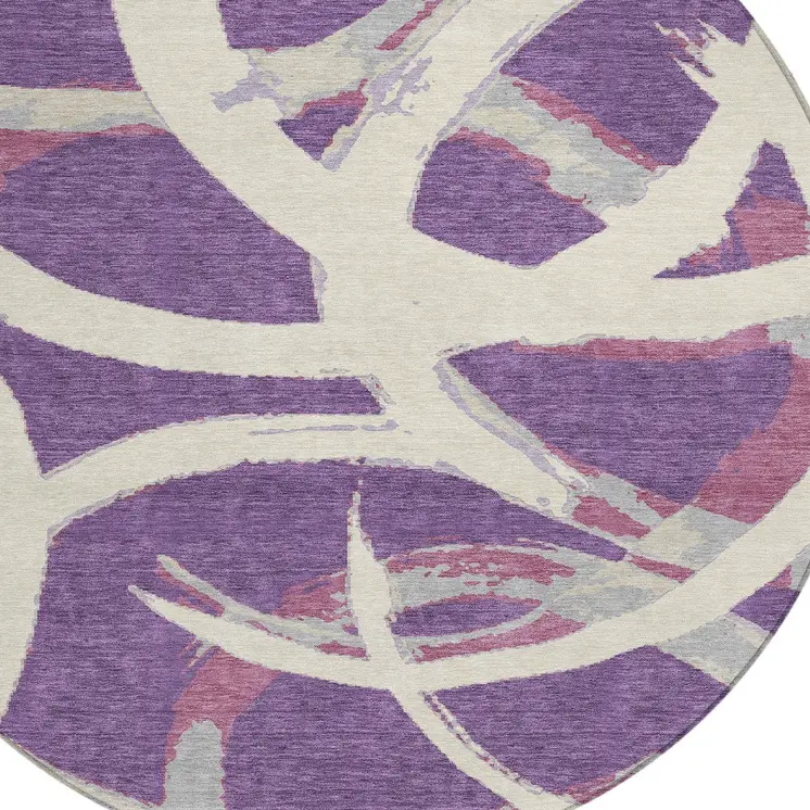 8' Purple Ivory And Gray Round Abstract Washable Indoor Outdoor Area Rug