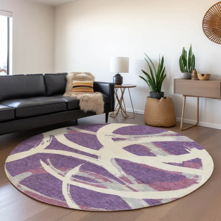 8' Purple Ivory And Gray Round Abstract Washable Indoor Outdoor Area Rug