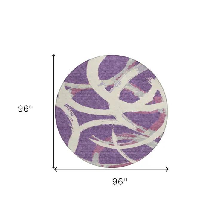 8' Purple Ivory And Gray Round Abstract Washable Indoor Outdoor Area Rug