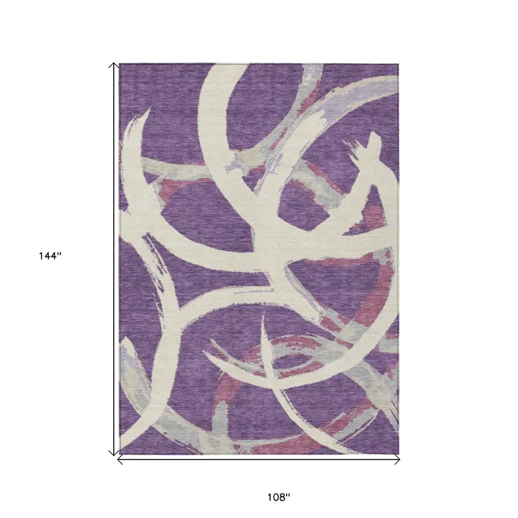 9' X 12' Purple Ivory And Gray Abstract Washable Indoor Outdoor Area Rug
