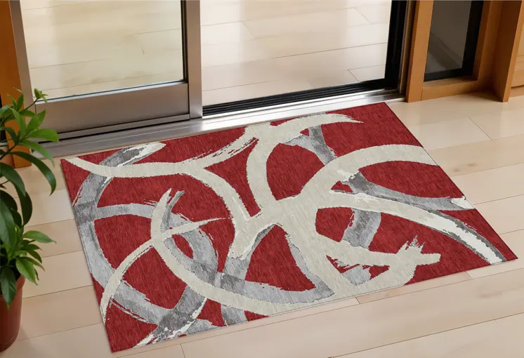 3' X 5' Red Beige And Gray Abstract Washable Indoor Outdoor Area Rug