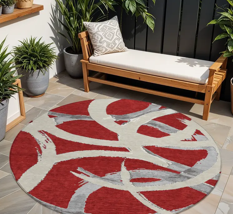 8' Red Beige And Gray Round Abstract Washable Indoor Outdoor Area Rug