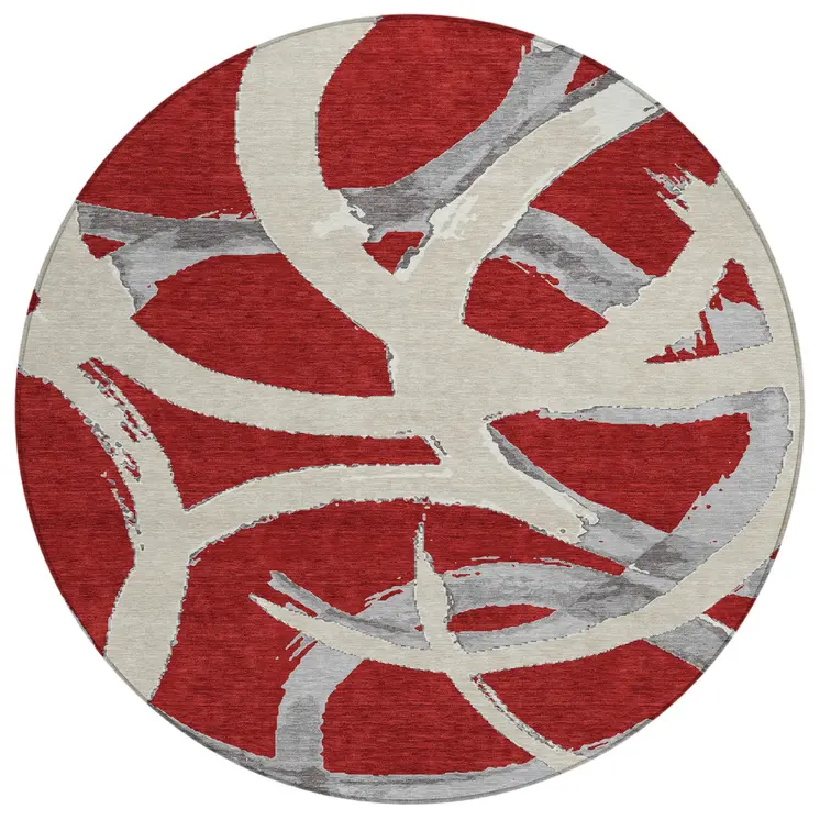 8' Red Beige And Gray Round Abstract Washable Indoor Outdoor Area Rug
