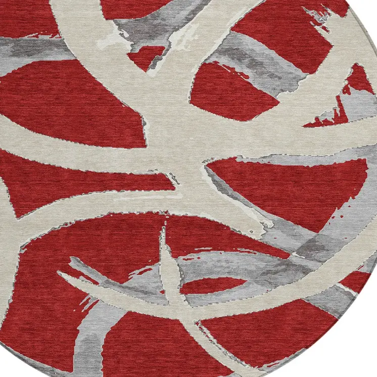 8' Red Beige And Gray Round Abstract Washable Indoor Outdoor Area Rug